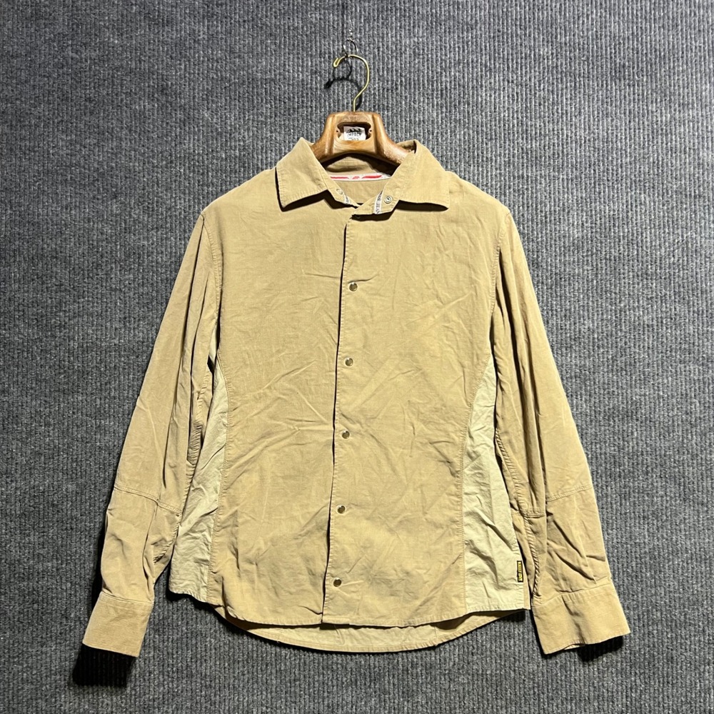 Armani Jeans Corduroy Shirt Mens L Tan Khaki Pearl Snap Button Media Designer